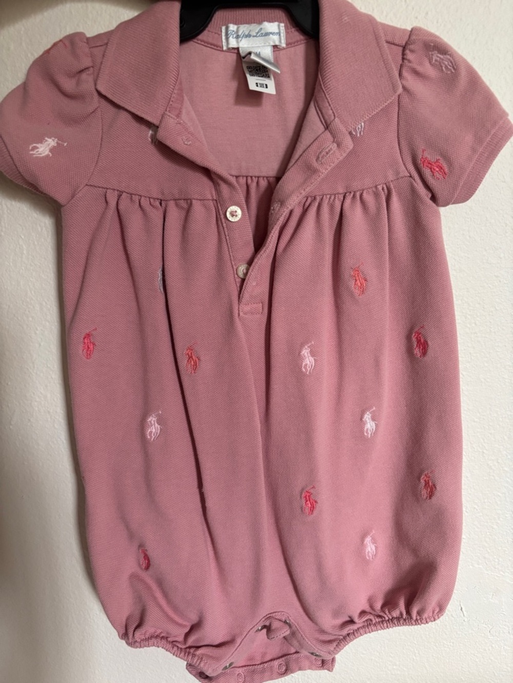 Ralph Lauren Pink Polo Baby Romper with Pony Embroidery